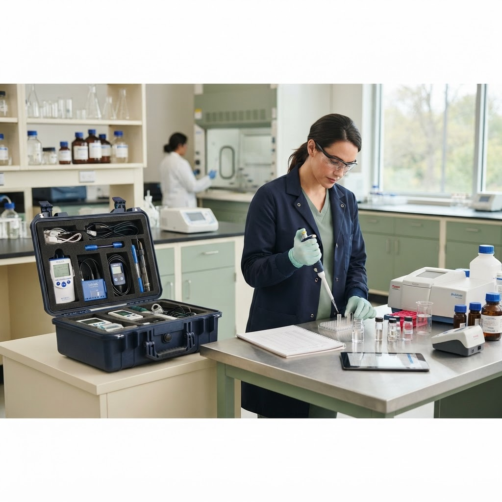 An environmental testing specialist analyzing samples in a modern laboratory beside a branded equipment case with testing devices