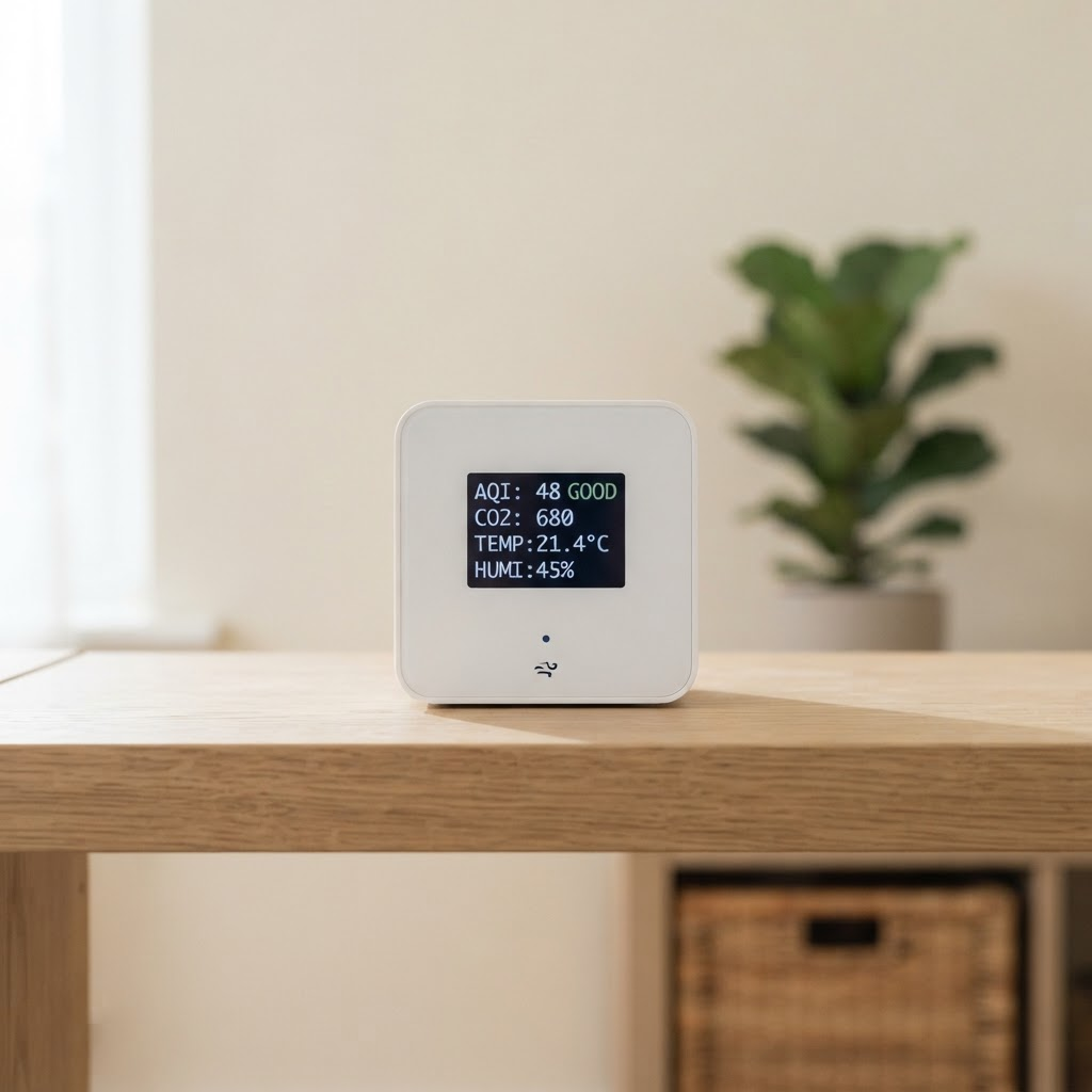 A modern white indoor air quality monitor on a wooden shelf in a softly lit home