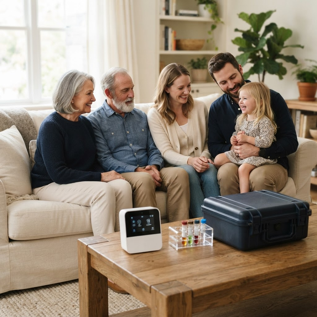 A multi-generational family sitting together in a bright living room with home environmental testing devices — an air quality monitor, water test vials, and a branded equipment case — on a table in the foreground