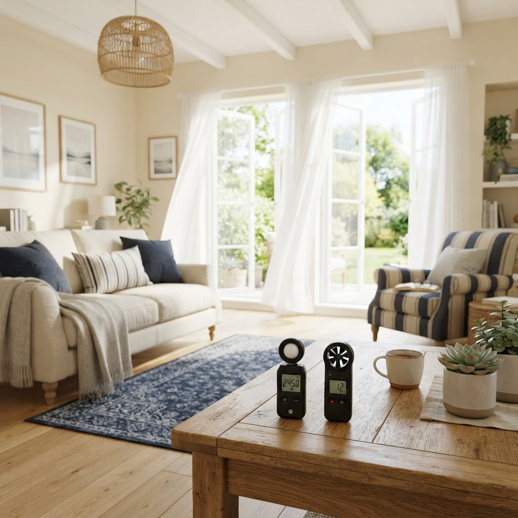 A bright, well-ventilated living room with a handheld light meter and airflow measurement device on a table