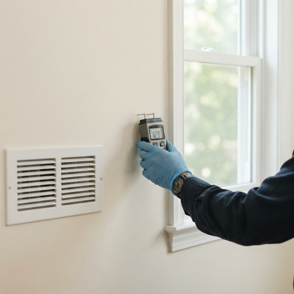 A technician using a moisture meter against an interior wall near a window with an HVAC vent visible