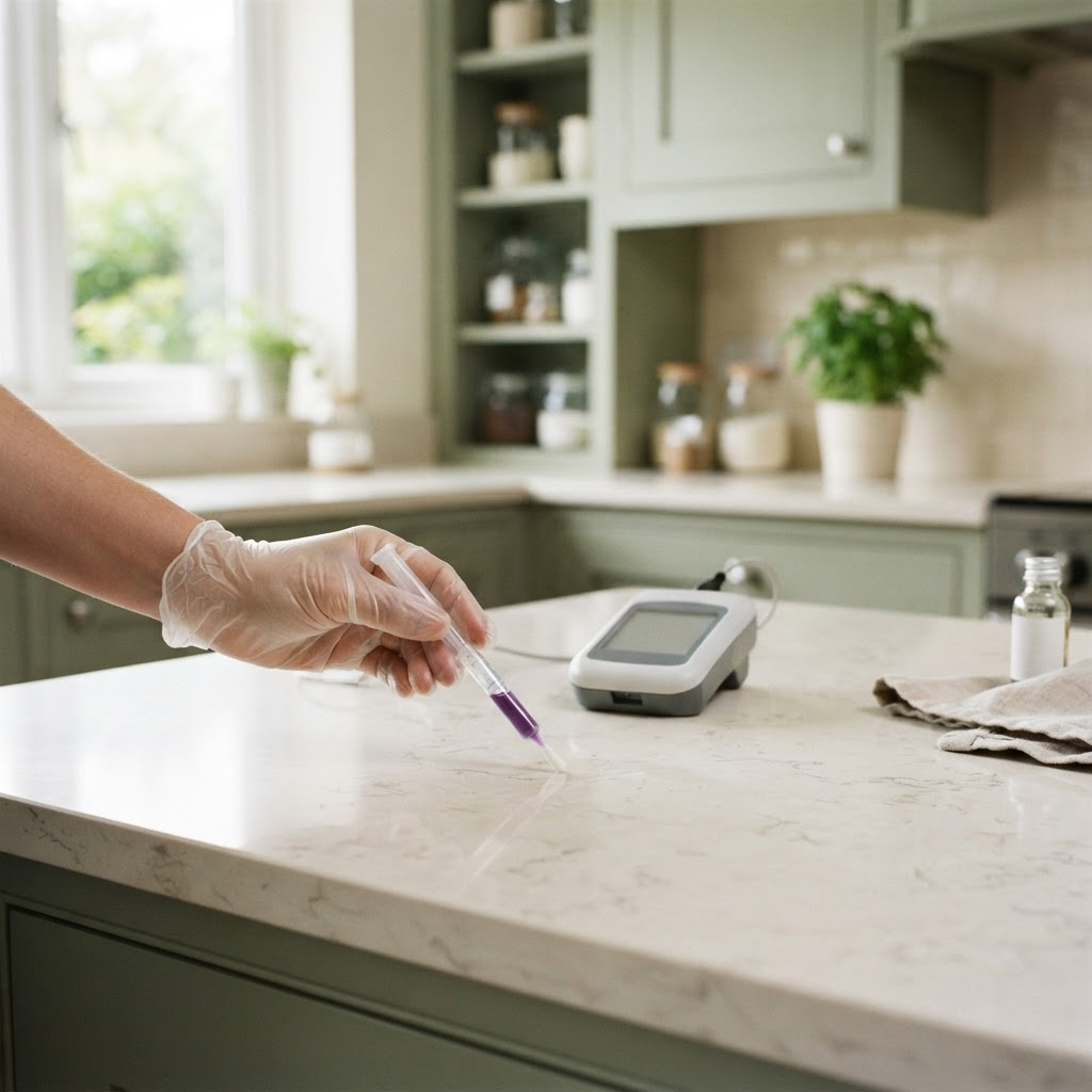 A hand swabbing a clean kitchen countertop with an ATP hygiene test swab beside a handheld luminometer