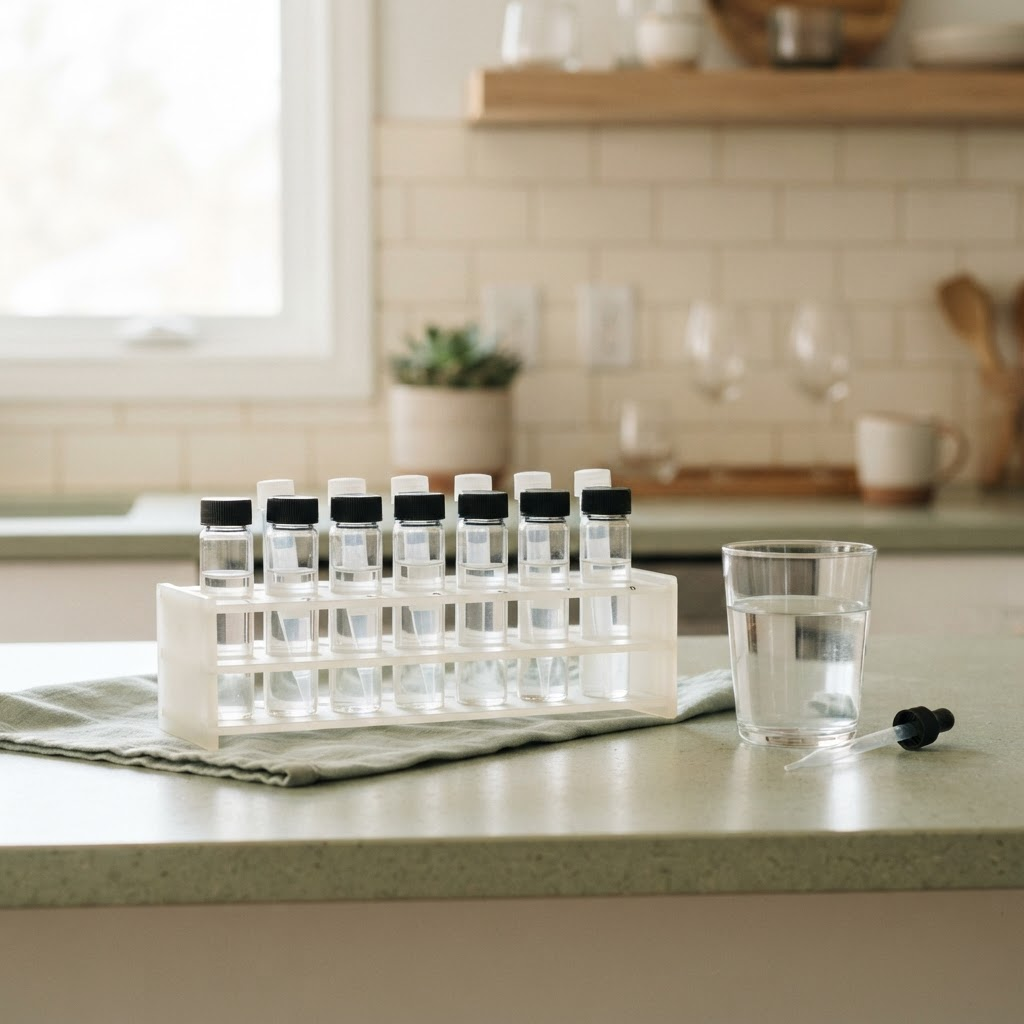 Laboratory water testing vials in a rack beside a clear glass of water on a kitchen counter